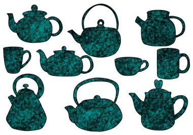 Çıkartmalar, ambalaj kağıtları, giysi baskıları, defterler, aksesuarlar ve süslemeler için çaydanlık çaydanlığı bardakları hazırlayın. Yüksek kaliteli illüstrasyon