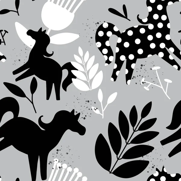 Seamless ethnic horse pattern with on grey background . High quality photo