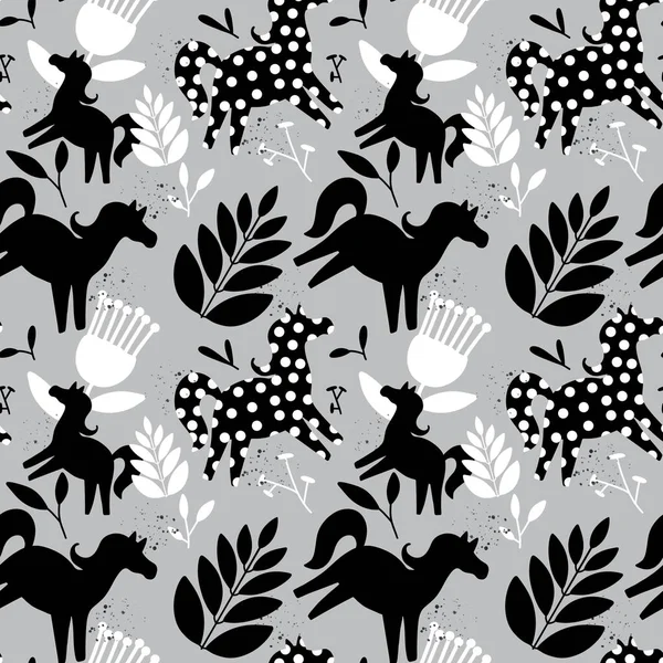 Seamless ethnic horse pattern with on grey background . High quality photo