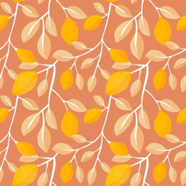 Yaz turunçgilleri dikişsiz limon ve kıyafet baskısı, ambalaj kağıdı, not defteri ve çocuklar için desenler bırakıyor. Yüksek kaliteli illüstrasyon