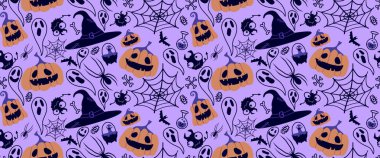 Cadılar Bayramı pürüzsüz balkabakları ve cadı şapkası kumaşlar için hayalet deseni ve ambalaj kağıdı ve kıyafet baskısı not defterleri ve aksesuarlar ve parti. Yüksek kaliteli illüstrasyon