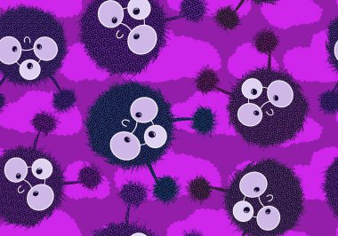 Çizgi filmlerdeki kabarık tüylü canavarlar Cadılar Bayramı 'nda kıyafet baskısı, ambalaj kağıdı, çocuklar, aksesuarlar ve defterler için kusursuz bir desen oluşturuyor. Yüksek kaliteli illüstrasyon