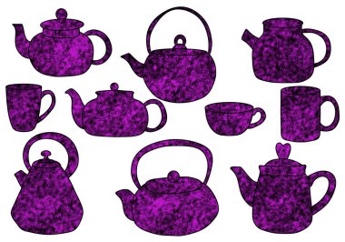 Çıkartmalar, ambalaj kağıtları, giysi baskıları, defterler, aksesuarlar ve süslemeler için çaydanlık çaydanlığı bardakları hazırlayın. Yüksek kaliteli illüstrasyon