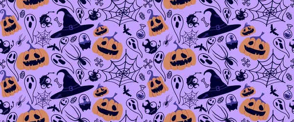 Halloween Sem Costura Abóboras Chapéu Bruxa Padrão Fantasma Para Tecidos — Fotografia de Stock