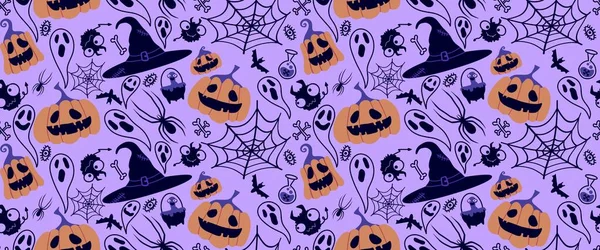 Halloween Varrat Nélküli Sütőtök Boszorkány Kalap Szellem Minta Szövetek Csomagolópapír — Stock Fotó