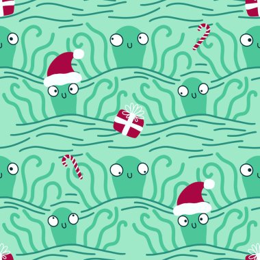 Noel 'de Noel Baba ahtapot desenli karikatürlerde kıyafet baskısı, ambalaj kağıdı, çocuklar ve aksesuarlar. Yüksek kaliteli illüstrasyon