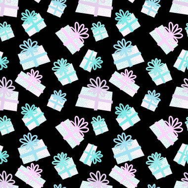 Yılbaşı hediyeleri, doğum günü kumaşları, not defterleri, çocuklar ve ambalaj kağıtları için kusursuz bir hediye kalıbı. Yüksek kaliteli illüstrasyon