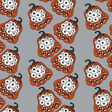 Cadılar Bayramı 'nda kağıt, kumaş, aksesuar, şenlik ve çocuklar için göz desenli kusursuz canavar balkabakları. Yüksek kaliteli illüstrasyon