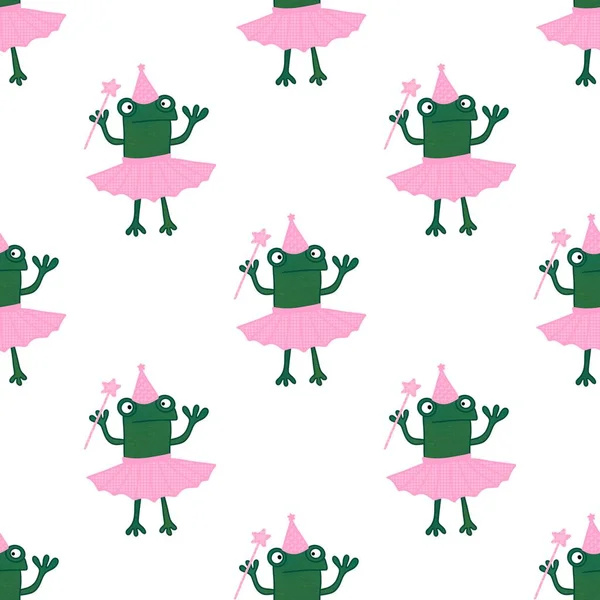 Cartoon seamless cute ballerina frogs pattern for wrapping paper and clothes print and kids and notebooks and accessories and fabrics. High quality illustration