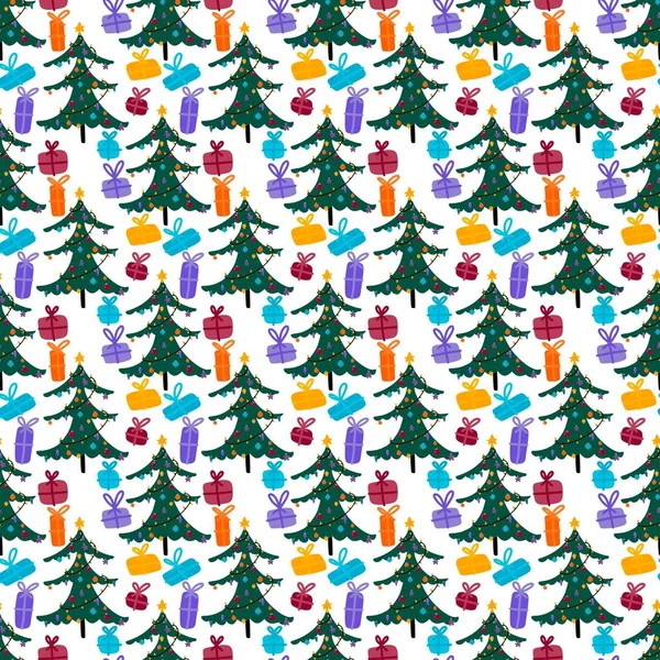 Winter New Year Seamless Christmas Trees Balls Toys Pattern Wrapping — Zdjęcie stockowe