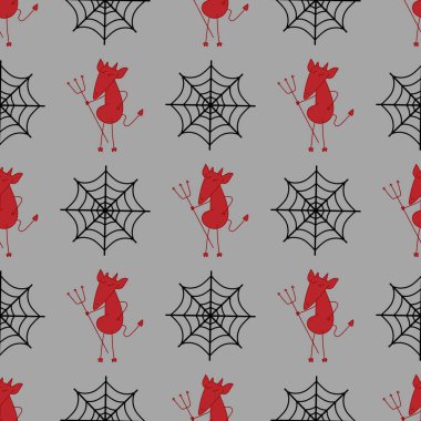 Cadılar Bayramı 'nda kağıt, giysi baskısı, kumaş, aksesuar, not defteri ve çocuklar için kusursuz şeytani çizgi film deseni. Yüksek kaliteli illüstrasyon