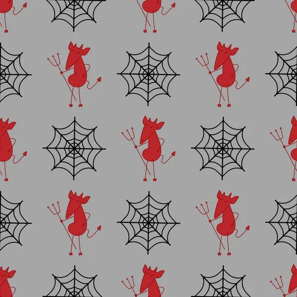 Cadılar Bayramı 'nda kağıt, giysi baskısı, kumaş, aksesuar, not defteri ve çocuklar için kusursuz şeytani çizgi film deseni. Yüksek kaliteli illüstrasyon