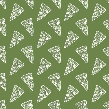 Çizgi film pizzası kumaşlar, ambalaj kağıtları, kıyafet baskıları, aksesuarlar ve çocuklar için kusursuz yemek menüsü deseni. Yüksek kaliteli illüstrasyon