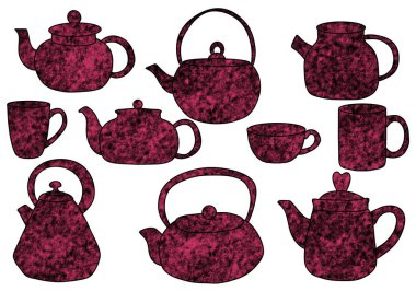 Çıkartmalar, ambalaj kağıtları, giysi baskıları, defterler, aksesuarlar ve süslemeler için çaydanlık çaydanlığı bardakları hazırlayın. Yüksek kaliteli illüstrasyon