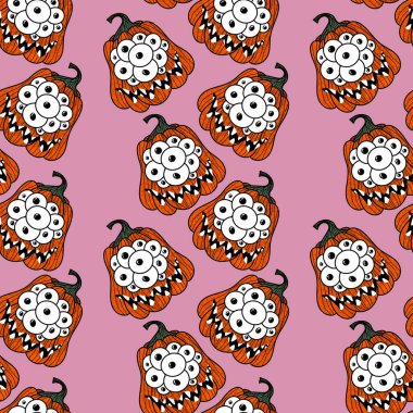 Cadılar Bayramı 'nda kağıt, kumaş, aksesuar, şenlik ve çocuklar için göz desenli kusursuz canavar balkabakları. Yüksek kaliteli illüstrasyon