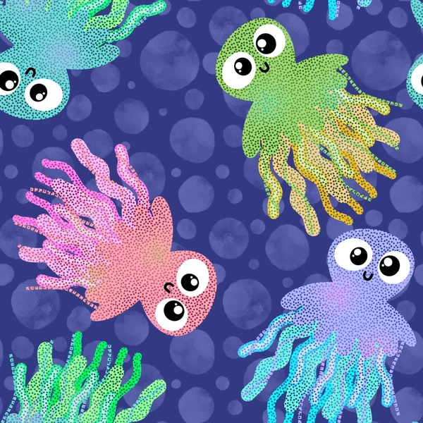 Cute Cartoon Kids Seamless Sea Jellyfish Pattern Clothes Print Wrapping — Stock Photo, Image