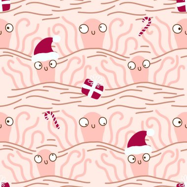 Noel 'de Noel Baba ahtapot desenli karikatürlerde kıyafet baskısı, ambalaj kağıdı, çocuklar ve aksesuarlar. Yüksek kaliteli illüstrasyon