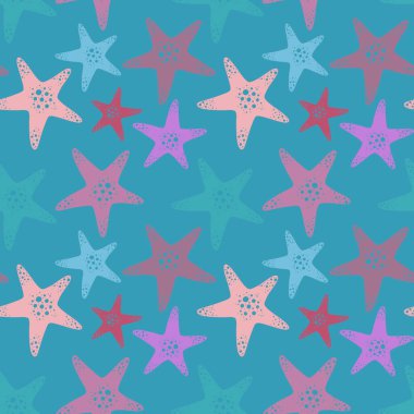 Yaz okyanusu, giysi baskısı, aksesuarlar, çocuklar, kumaşlar ve ambalaj kağıtları için kusursuz deniz yıldızı deseni. Yüksek kaliteli illüstrasyon