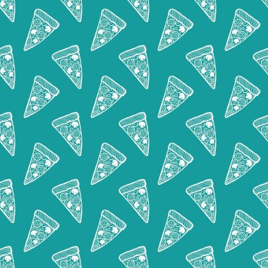 Çizgi film pizzası kumaşlar, ambalaj kağıtları, kıyafet baskıları, aksesuarlar ve çocuklar için kusursuz yemek menüsü deseni. Yüksek kaliteli illüstrasyon