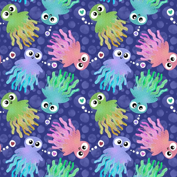 Cute cartoon kids seamless sea jellyfish pattern for clothes print and wrapping paper and fabrics and summer accessories and notebooks and child rooms. High quality illustration