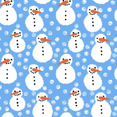 Noel ambalajı için kışın dikişsiz kardan adam ve kar taneleri deseni ve çocukların not defterleri, aksesuarları ve kumaşları. Yüksek kaliteli illüstrasyon