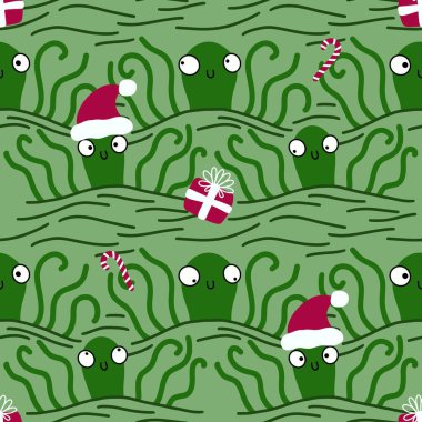 Noel 'de Noel Baba ahtapot desenli karikatürlerde kıyafet baskısı, ambalaj kağıdı, çocuklar ve aksesuarlar. Yüksek kaliteli illüstrasyon