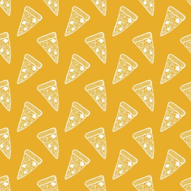 Çizgi film pizzası kumaşlar, ambalaj kağıtları, kıyafet baskıları, aksesuarlar ve çocuklar için kusursuz yemek menüsü deseni. Yüksek kaliteli illüstrasyon