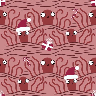 Noel 'de Noel Baba ahtapot desenli karikatürlerde kıyafet baskısı, ambalaj kağıdı, çocuklar ve aksesuarlar. Yüksek kaliteli illüstrasyon