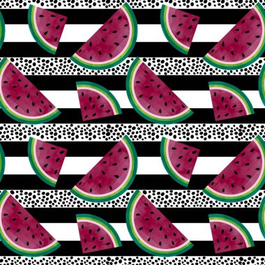 Kıyafet baskısı, ambalaj kağıdı, kumaş, aksesuar, not defteri ve çocuklar için yaz meyvesiz karpuz dilimleri. Yüksek kaliteli illüstrasyon