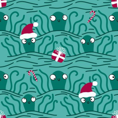 Noel 'de Noel Baba ahtapot desenli karikatürlerde kıyafet baskısı, ambalaj kağıdı, çocuklar ve aksesuarlar. Yüksek kaliteli illüstrasyon