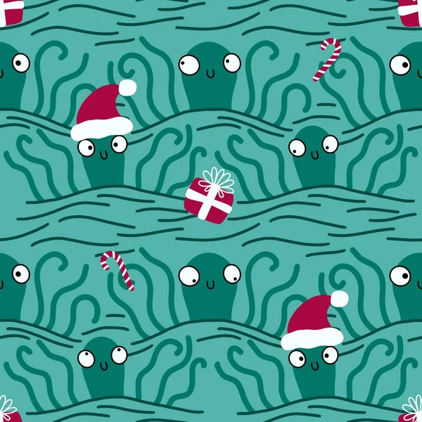 Christmas on the beach seamless cartoon octopus Santa hat pattern for clothes print and wrapping paper and kids and accessories. High quality illustration