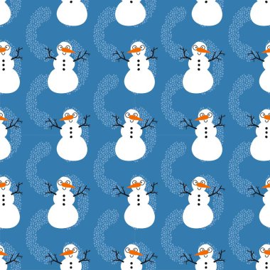 Noel ambalajı için kışın dikişsiz kardan adam ve kar taneleri deseni ve çocukların not defterleri, aksesuarları ve kumaşları. Yüksek kaliteli illüstrasyon