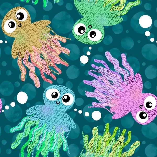 Cute cartoon kids seamless sea jellyfish pattern for clothes print and wrapping paper and fabrics and summer accessories and notebooks and child rooms. High quality illustration