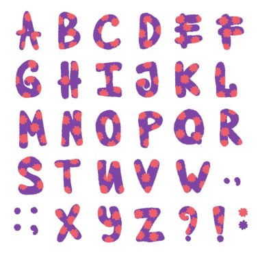 Çıkartmalar, çocuklar, okul aksesuarları, not defterleri, kumaşlar ve ambalaj kağıtları için İngiliz çizgi film alfabesini ayarlayın. Yüksek kaliteli illüstrasyon