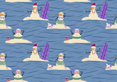 Noel 'i plajsız kardan adam ve okyanus desenli yeni yıl kağıtlarını, kumaşları, çocuk defterlerini ve şenlikli aksesuarları paketlemek için. Yüksek kaliteli illüstrasyon