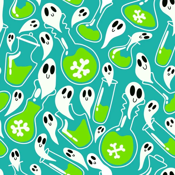Halloween Poison Witch Potion Seamless Ghost Cartoon Pattern Wrapping Paper — 图库照片