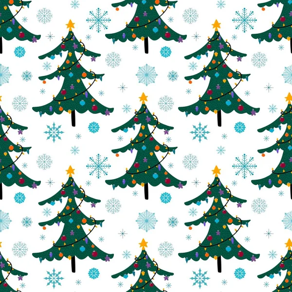 Winter New Year Seamless Christmas Trees Balls Toys Pattern Wrapping — Zdjęcie stockowe