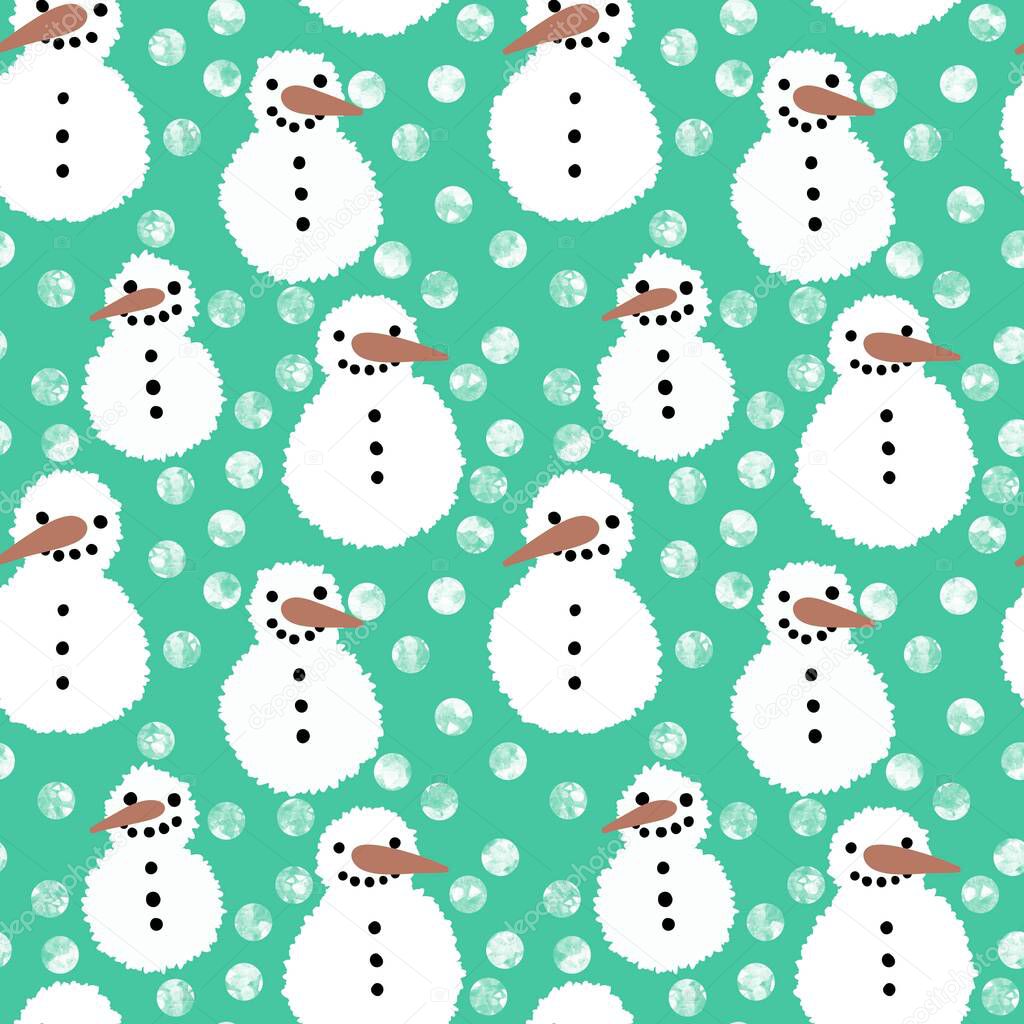 Winter seamless snowman and snowflakes pattern for Christmas wrapping paper and kids notebooks and accessories and fabrics. High quality illustration