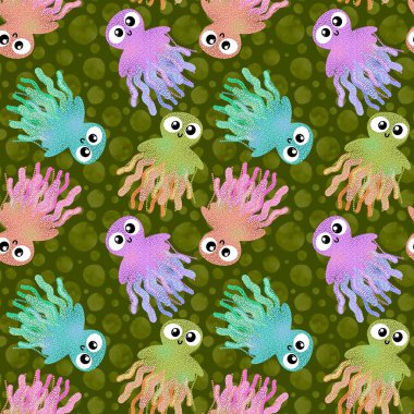 Cute cartoon kids seamless sea jellyfish pattern for clothes print and wrapping paper and fabrics and summer accessories and notebooks and child rooms. High quality illustration