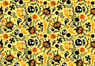 Halloween seamless pumpkins and witch hat and ghost pattern for fabrics and wrapping paper and clothes print and notebooks and accessories and party. High quality illustration