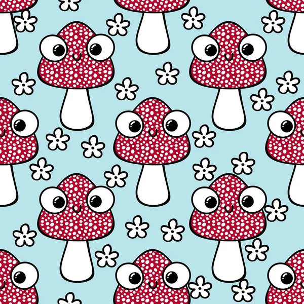 Cartoon autumn amanita seamless mushrooms pattern for Halloween wrapping paper and kids accessories and clothes print and study notebooks and fabrics. High quality illustration