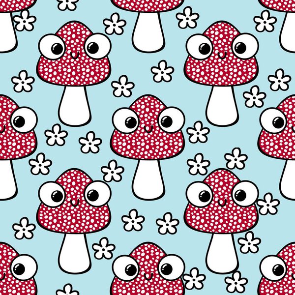 Cartoon autumn amanita seamless mushrooms pattern for Halloween wrapping paper and kids accessories and clothes print and study notebooks and fabrics. High quality illustration