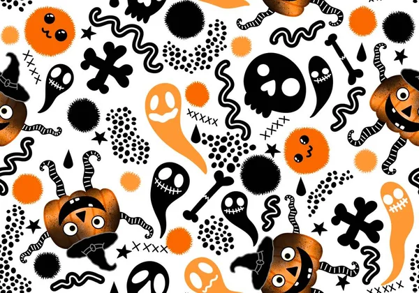 Halloween Seamless Pumpkins Witch Hat Ghost Pattern Fabrics Wrapping Paper — ストック写真