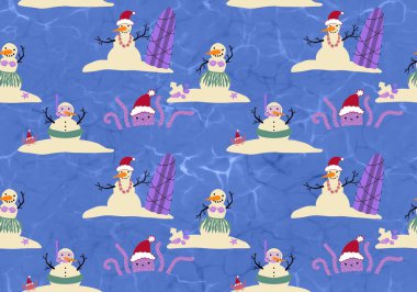 Noel 'i plajsız kardan adam ve okyanus desenli yeni yıl kağıtlarını, kumaşları, çocuk defterlerini ve şenlikli aksesuarları paketlemek için. Yüksek kaliteli illüstrasyon