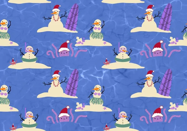 Noel 'i plajsız kardan adam ve okyanus desenli yeni yıl kağıtlarını, kumaşları, çocuk defterlerini ve şenlikli aksesuarları paketlemek için. Yüksek kaliteli illüstrasyon