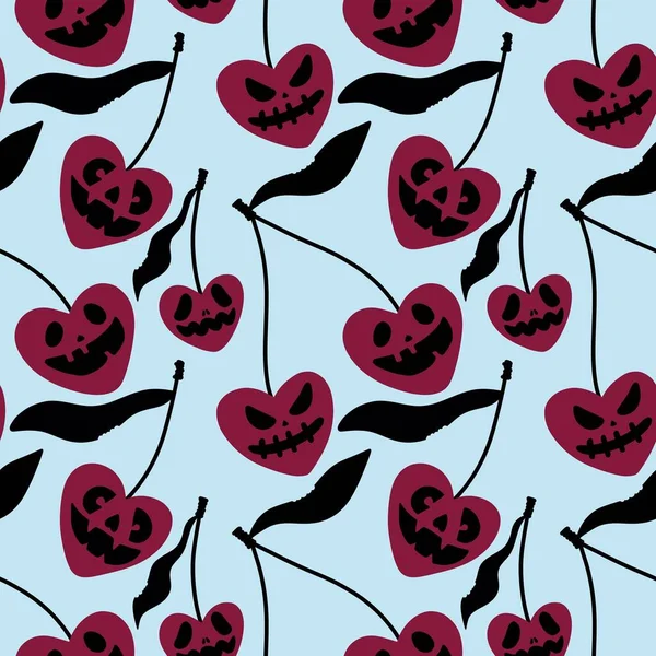 Halloween seamless evil cherry cartoon pattern for kids accessories and festive wrapping paper and study notebooks and fabrics and clothes print. High quality illustration
