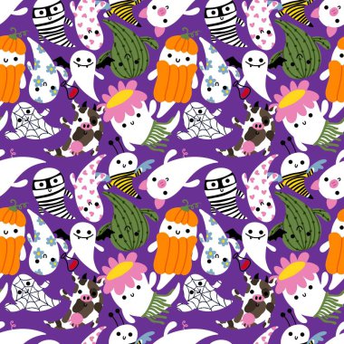 Cartoon Halloween seamless cute ghost pattern for festive wrapping paper and kids accessories and notebooks and fabrics and clothes print. High quality illustration