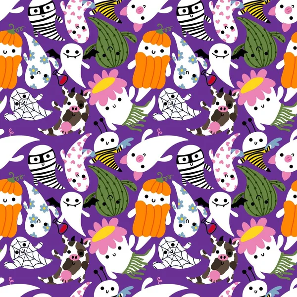 Cartoon Halloween Seamless Cute Ghost Pattern Festive Wrapping Paper Kids — Stock Fotó
