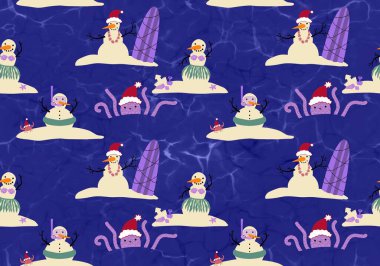 Noel 'i plajsız kardan adam ve okyanus desenli yeni yıl kağıtlarını, kumaşları, çocuk defterlerini ve şenlikli aksesuarları paketlemek için. Yüksek kaliteli illüstrasyon