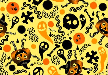 Cadılar Bayramı pürüzsüz balkabakları ve cadı şapkası kumaşlar için hayalet deseni ve ambalaj kağıdı ve kıyafet baskısı not defterleri ve aksesuarlar ve parti. Yüksek kaliteli illüstrasyon